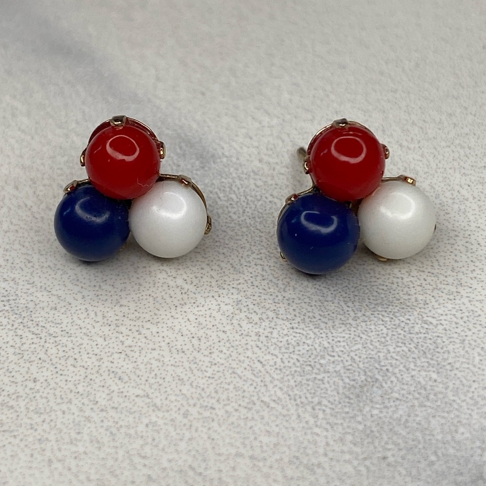 Red, white & blue ball earrings 14k‎ yellow gold vintage